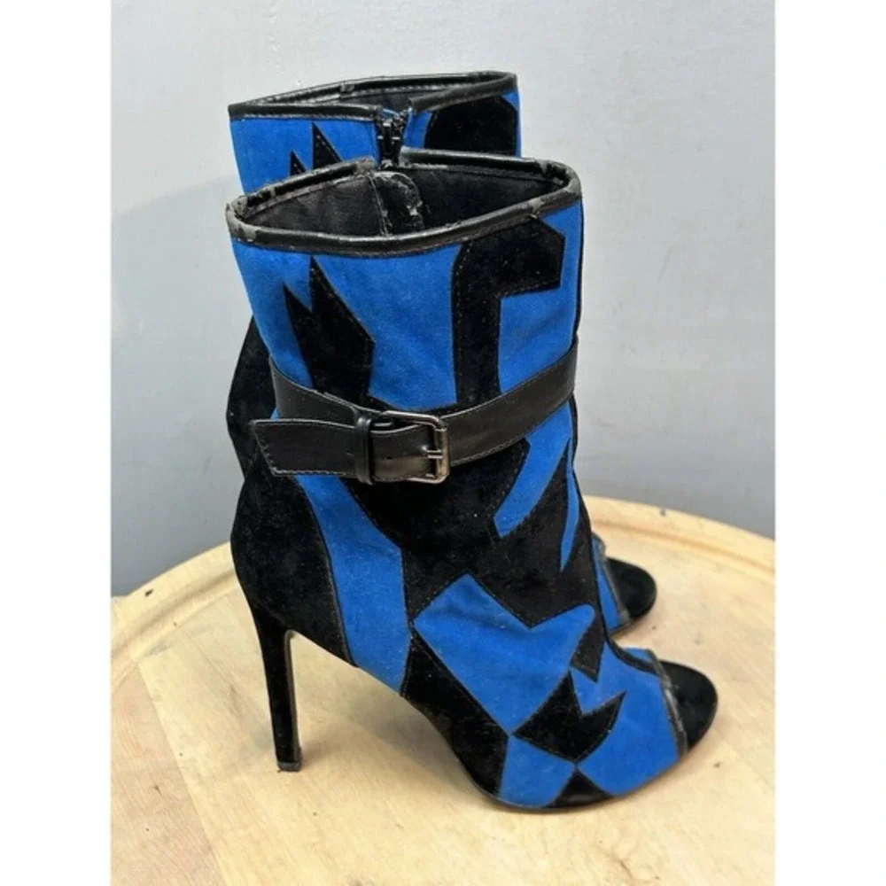 Mimoza Blue Black Geometric Patchwork‎ Peep Toe Stiletto Ankle Boots Mens 7.5